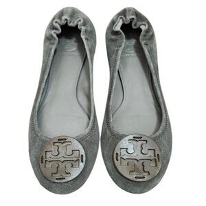 Tory Burch Reva Ballet Flats Gray Suede Leather Logo Medallion Size 9M